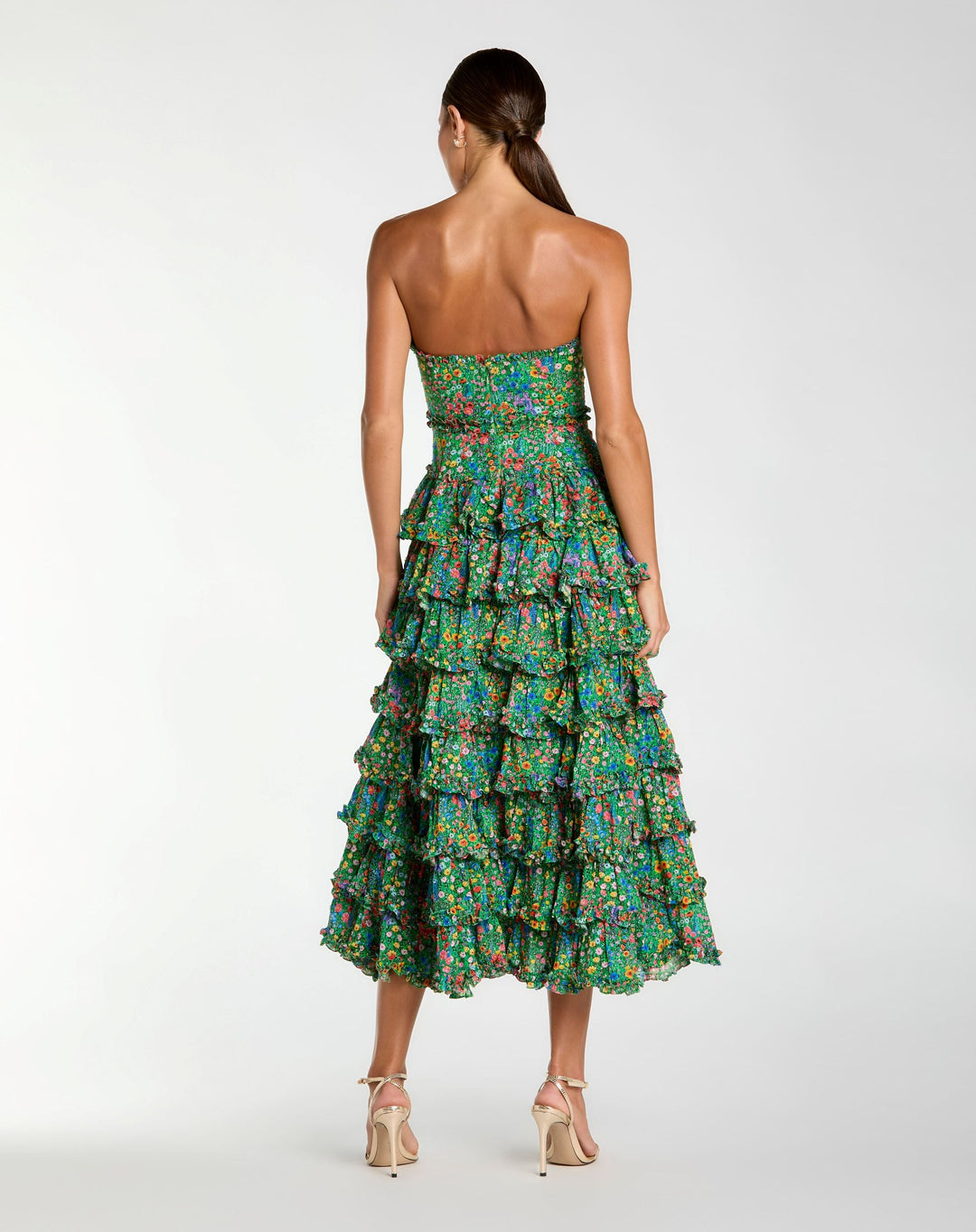 Green Strapless Floral Cotton Ruffle Midi Dress - FOSTANI.com