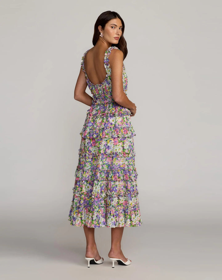 Multicolor Floral Ruffle A-Line Cotton Midi Dress - FOSTANI.com
