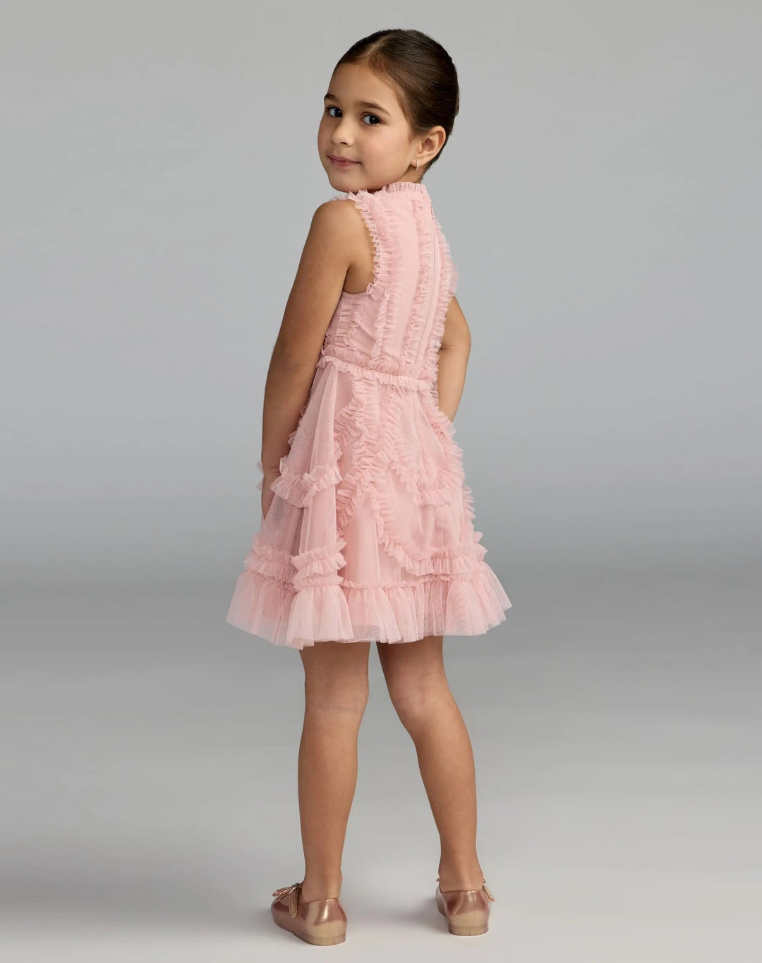 Mac Duggal 8482 Girls Pink High Neck Sleeveless Micro Ruffle Mini Dress