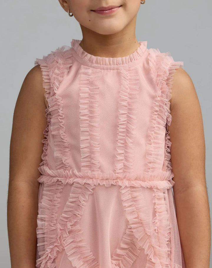 Mac Duggal 8482 Girls Pink High Neck Sleeveless Micro Ruffle Mini Dress