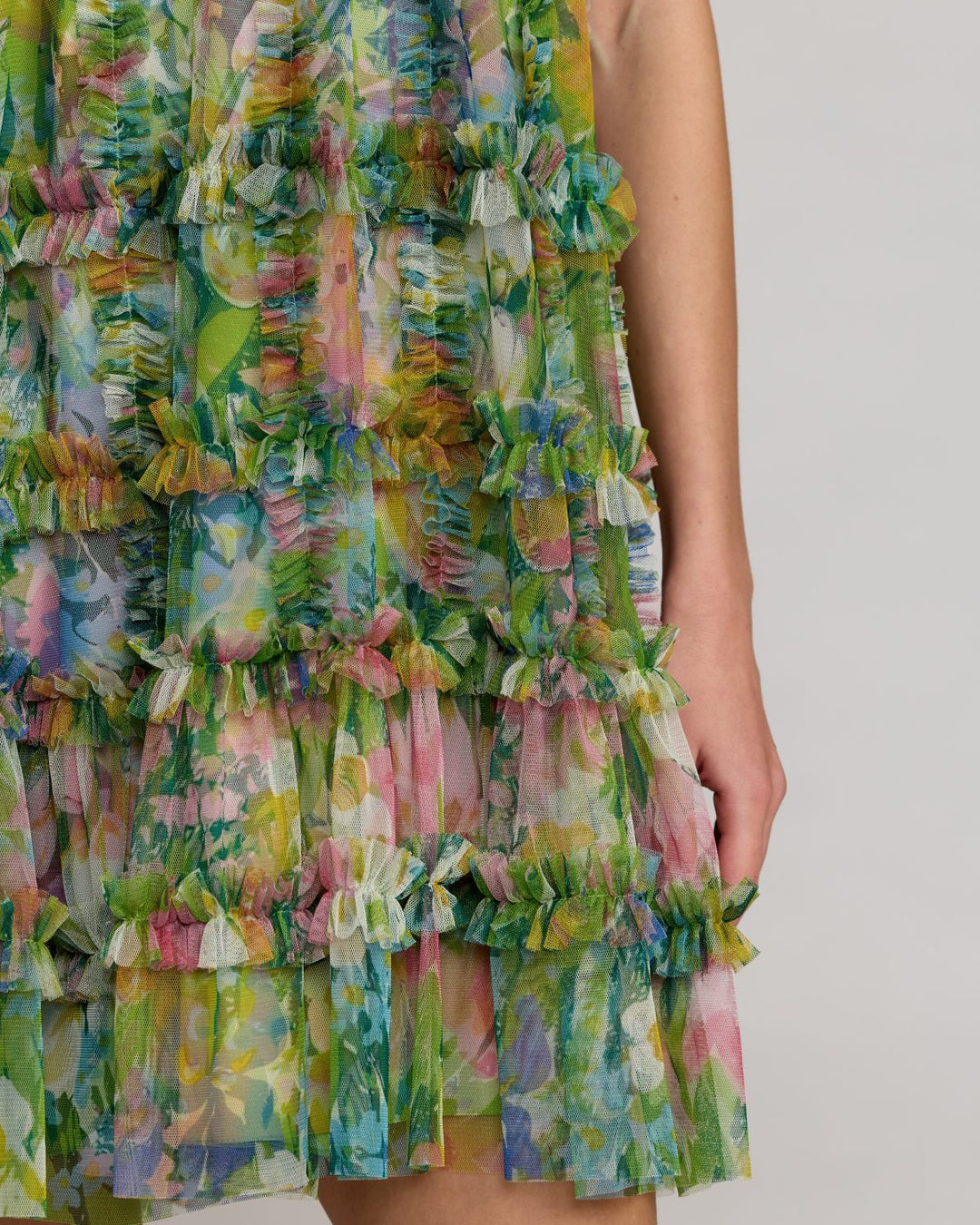 Green Printed Sleeveless High Neck Ruffle Mini Dress - FOSTANI.com