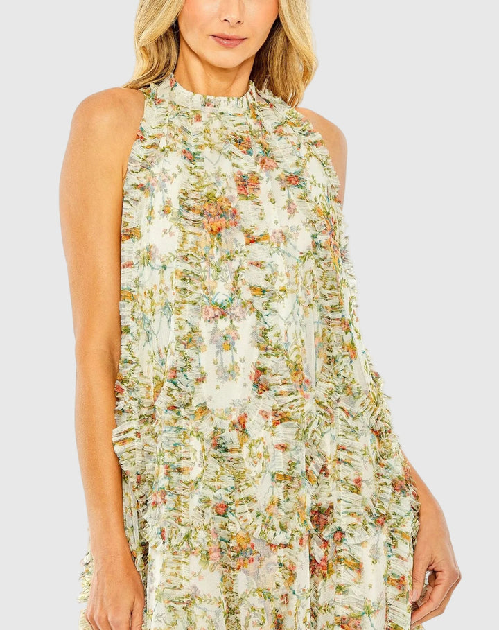 Ivory Sleeveless High Neck Ruffle Floral Dress - FOSTANI.com