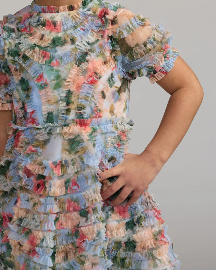 Mac Duggal 8495 Girls Blue Floral Ruffle Puff Sleeve Dress