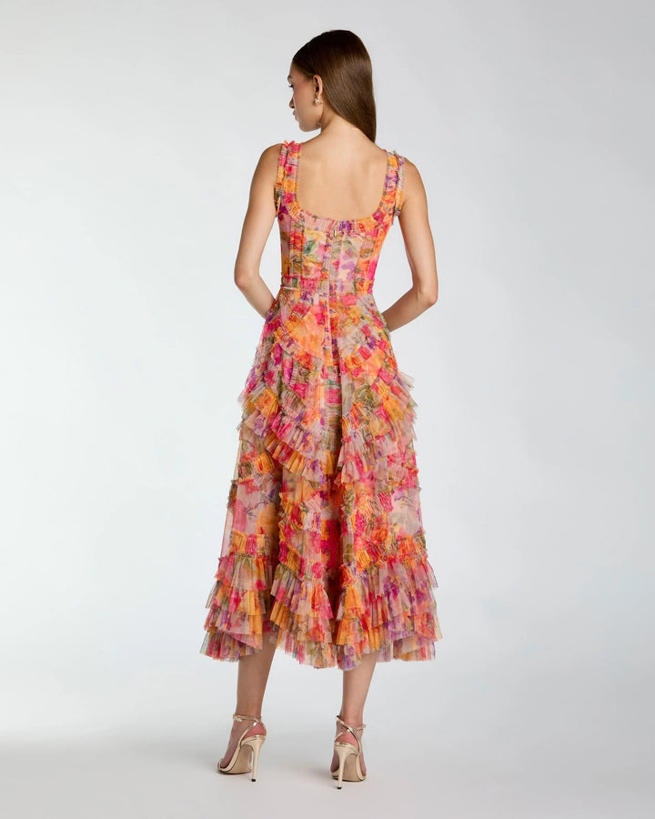 Multicolor Floral Scoop Neck A-Line Ruffle Midi Dress - FOSTANI.com