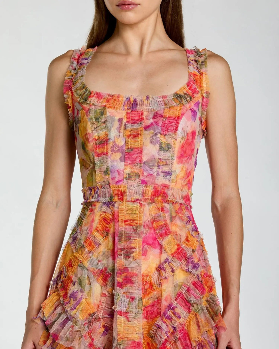 Multicolor Floral Scoop Neck A-Line Ruffle Midi Dress - FOSTANI.com