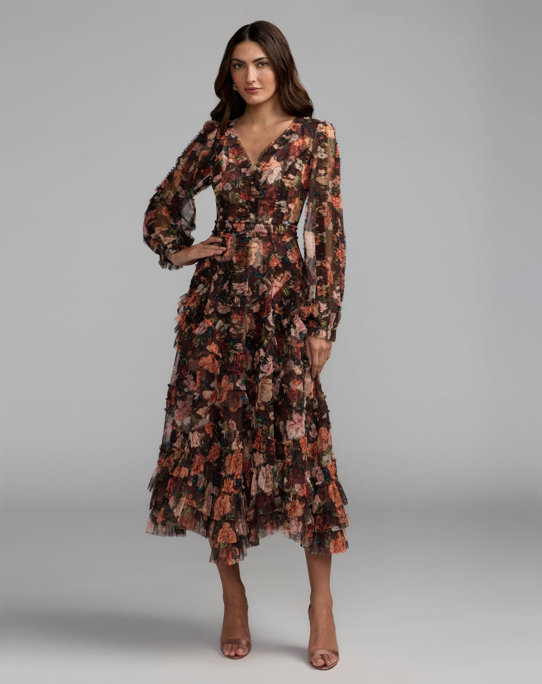 Mac Duggal 8509 Floral Long Sleeve Mirco Ruffle Midi Dress