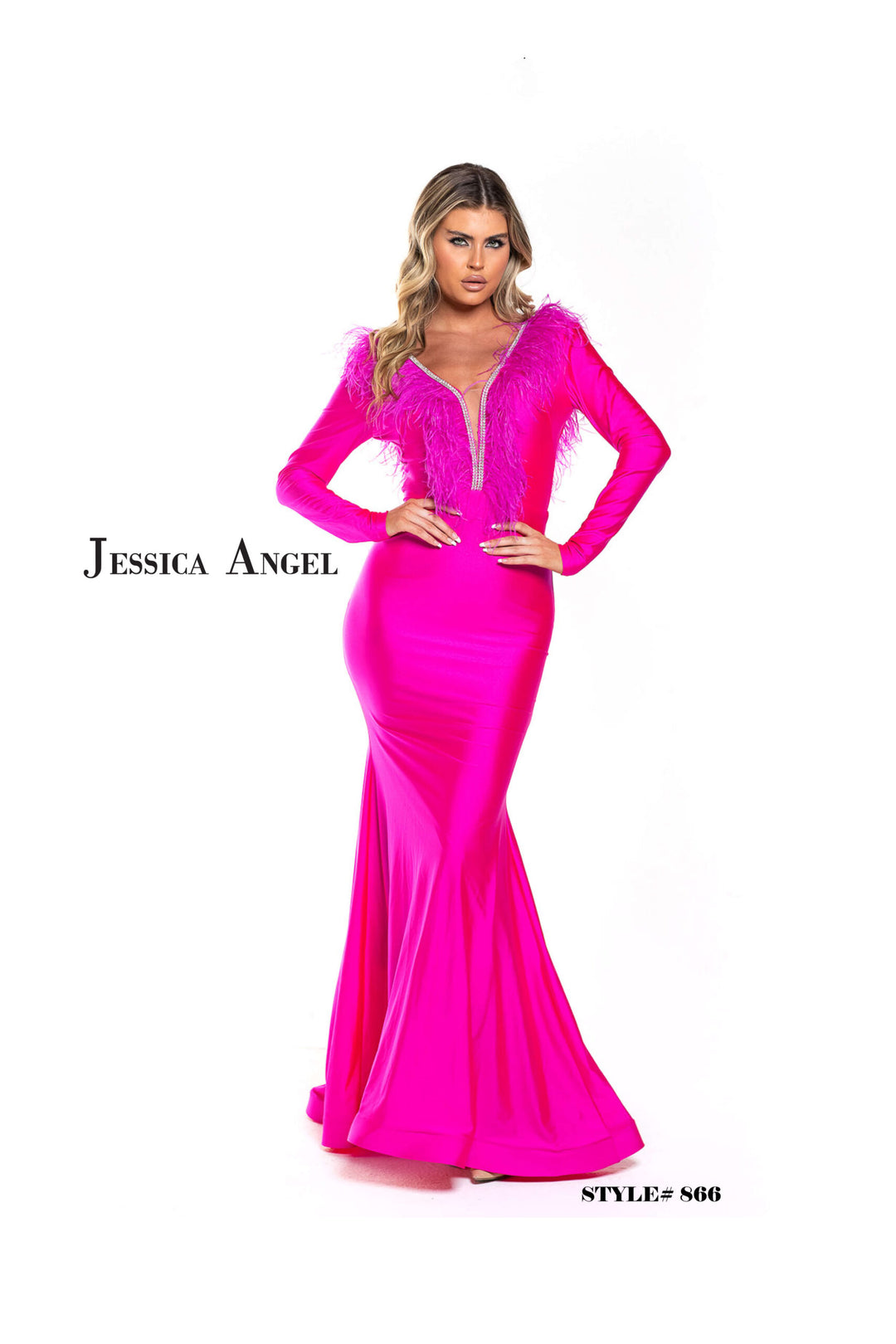 Jessica Angel 866 long sleeve feather mermaid gown front view