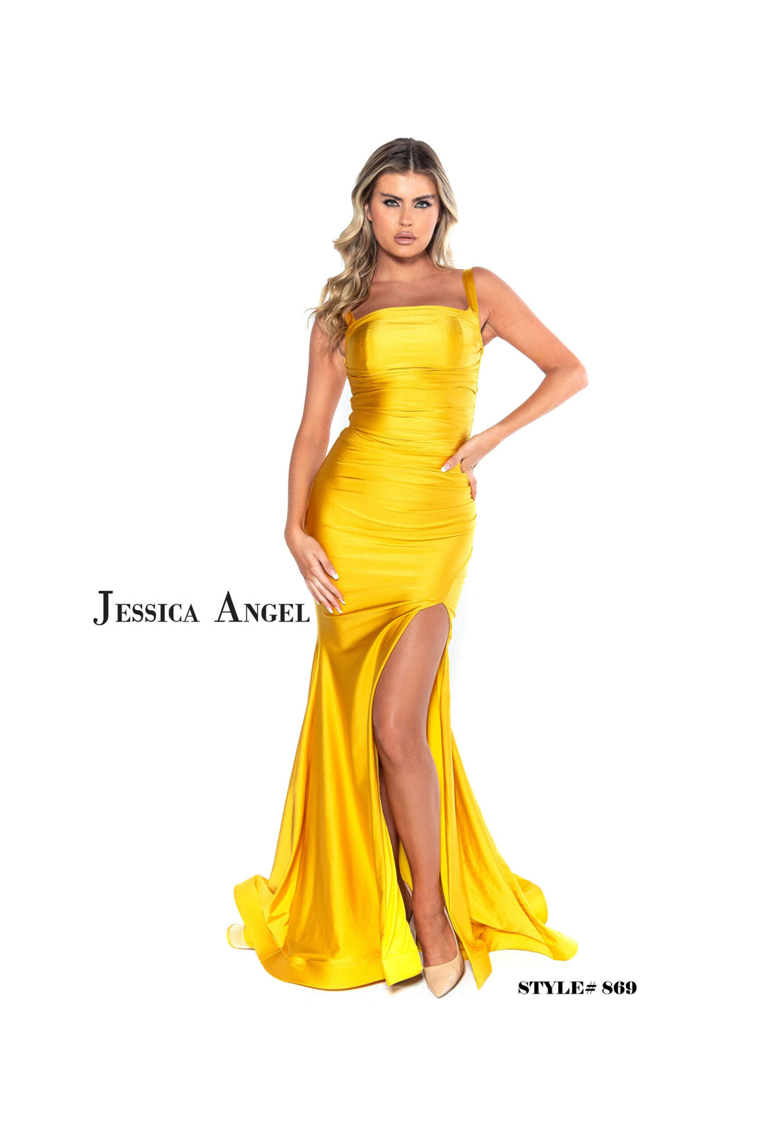Jessica Angel 869 straight neckline ruched gown front view