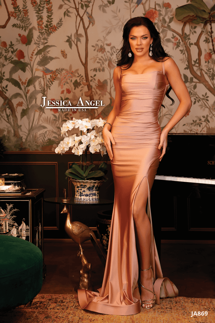 Jessica Angel 869 ruched gown with slit front view 2