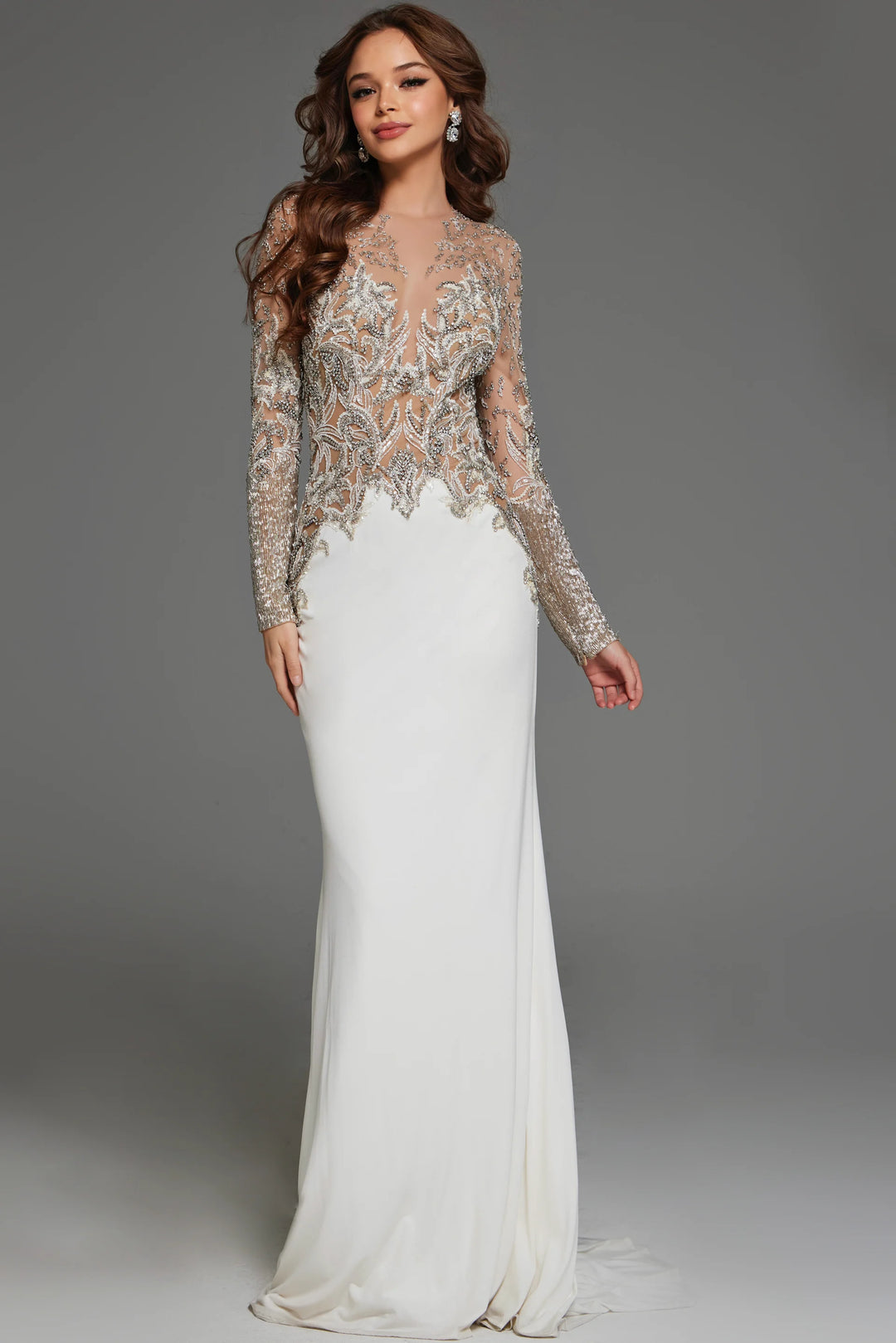 Jovani 88983 Sheer Beaded Bodice Long Sleeve Bridal Gown - FOSTANI.com