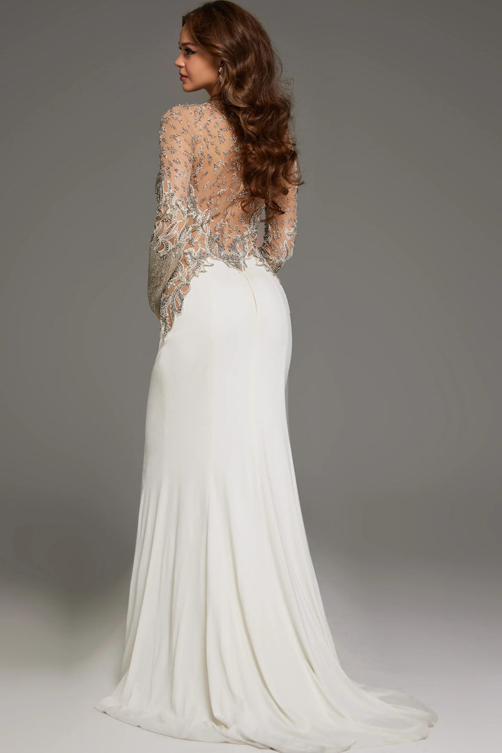 Jovani 88983 Sheer Beaded Bodice Long Sleeve Bridal Gown - FOSTANI.com