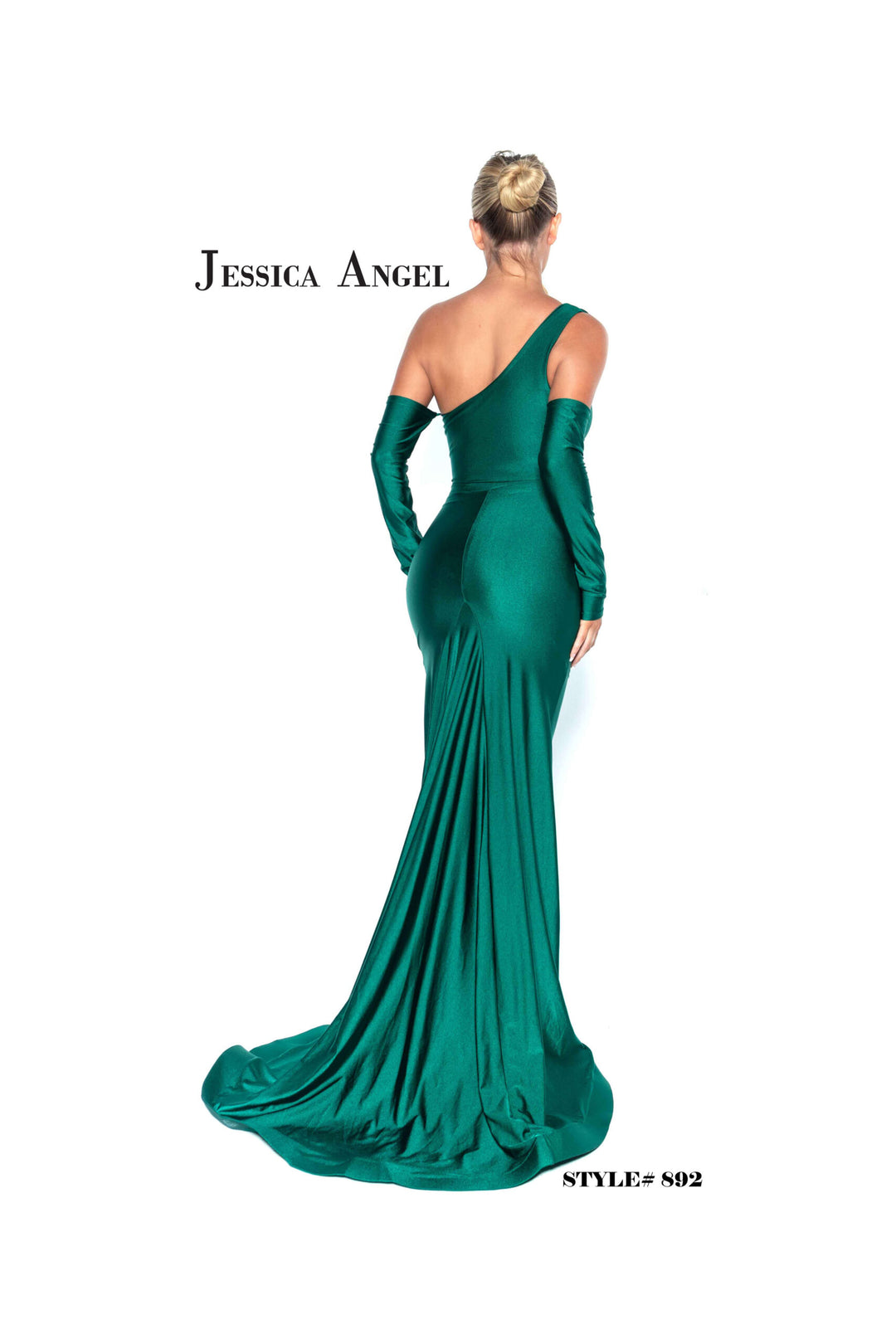 Jessica Angel 892 one shoulder gown with train back view