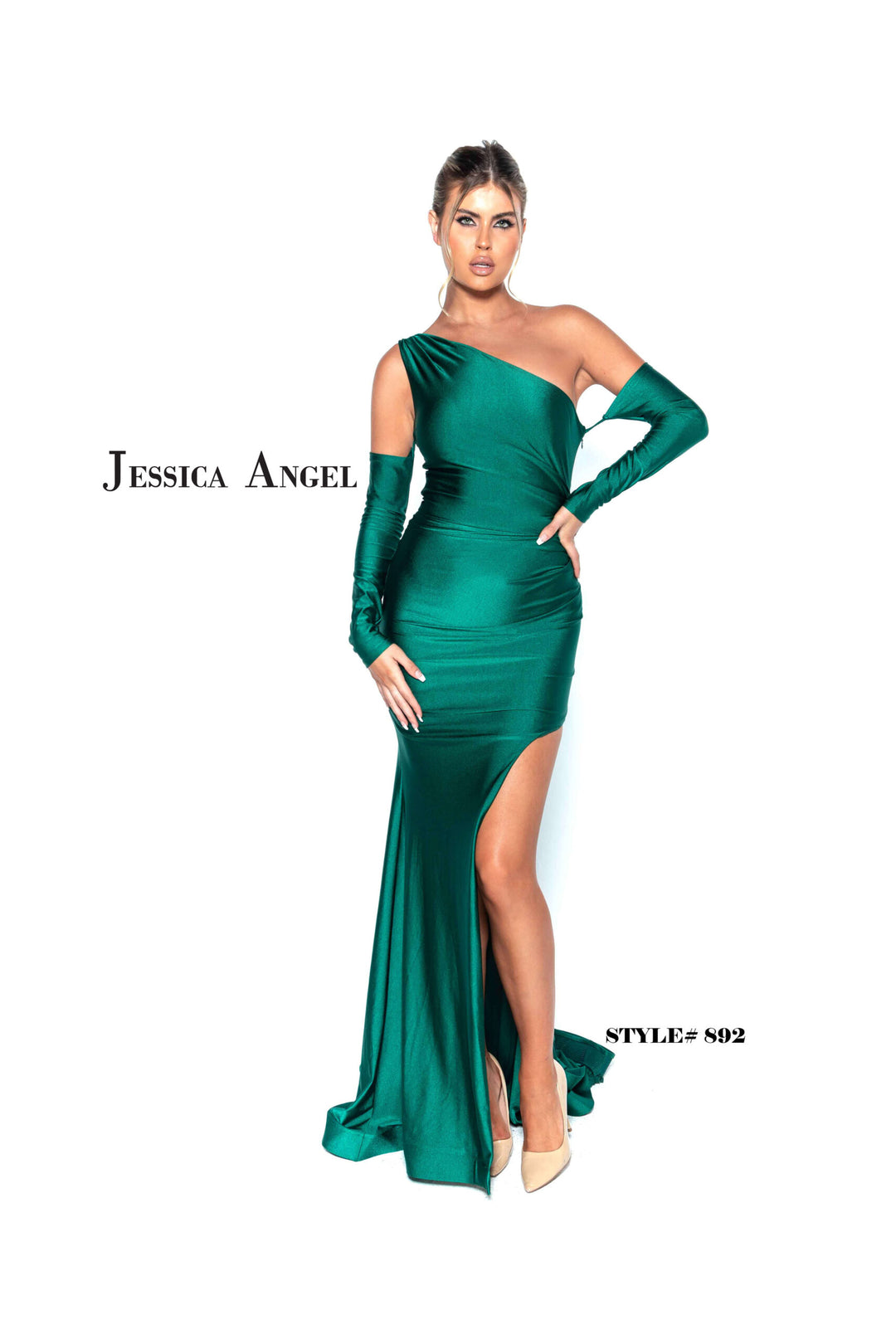 Jessica Angel 892 one shoulder gloved gown front view