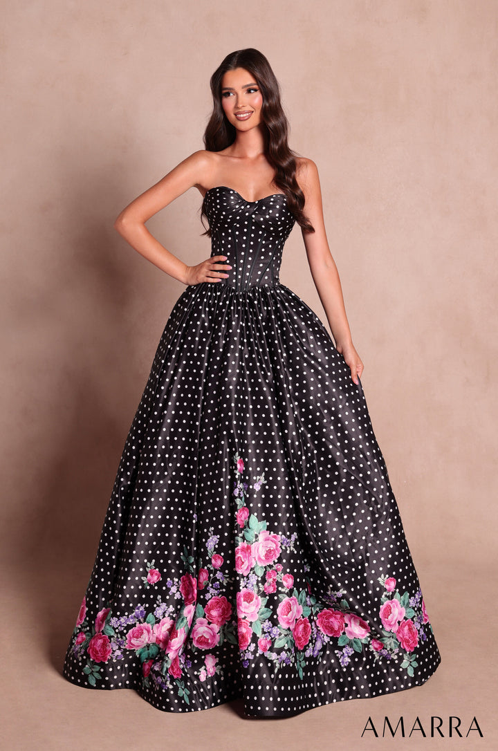 Amarra 89624 black polka dot floral print corset ball gown - front view