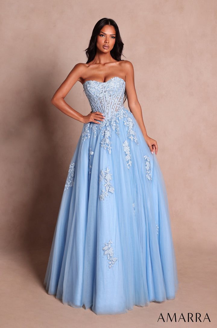 Amarra 89626 light blue tulle lace corset ball gown - front view