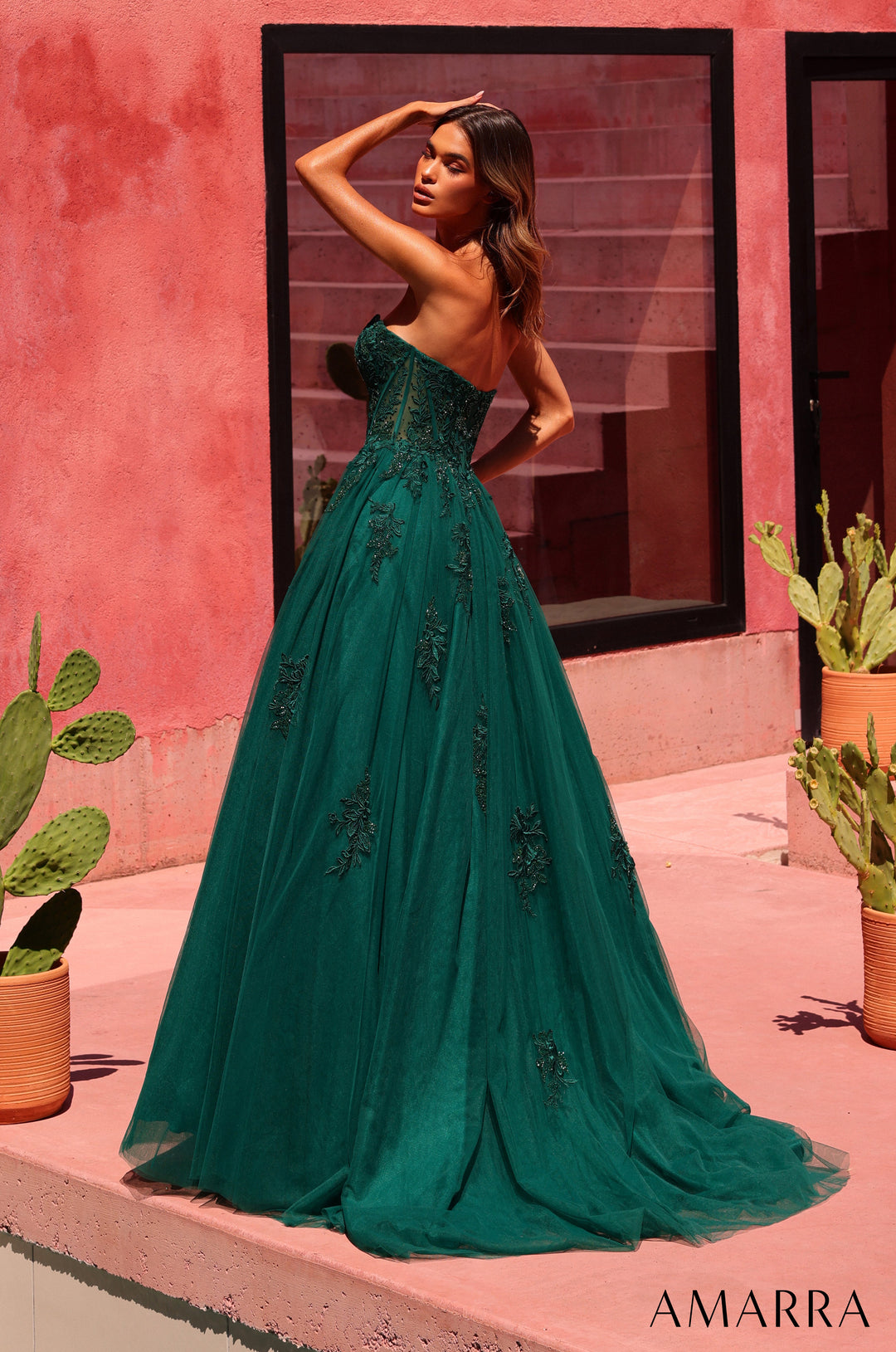 Amarra 89627 emerald beaded lace corset tulle ball gown - back view with train