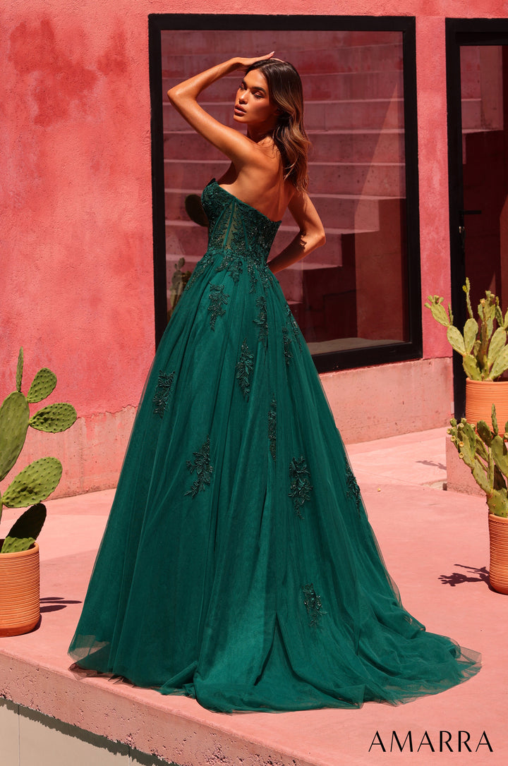 Amarra 89627 emerald beaded lace corset tulle ball gown - back view with train