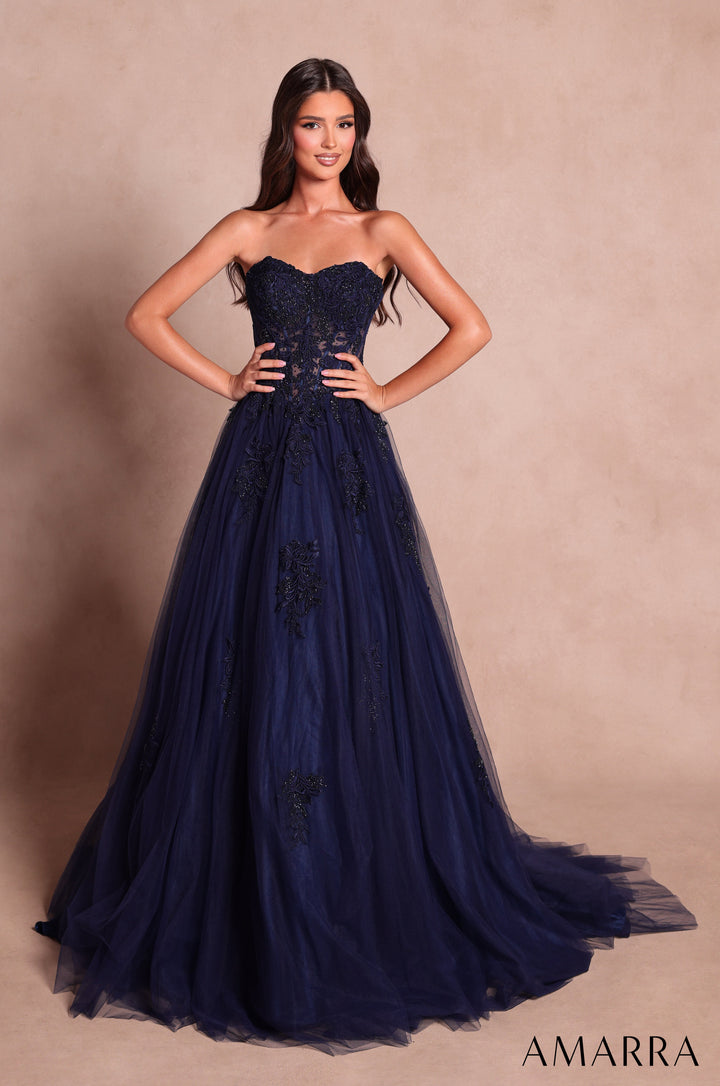 Amarra 89627 navy beaded lace corset tulle ball gown - front view