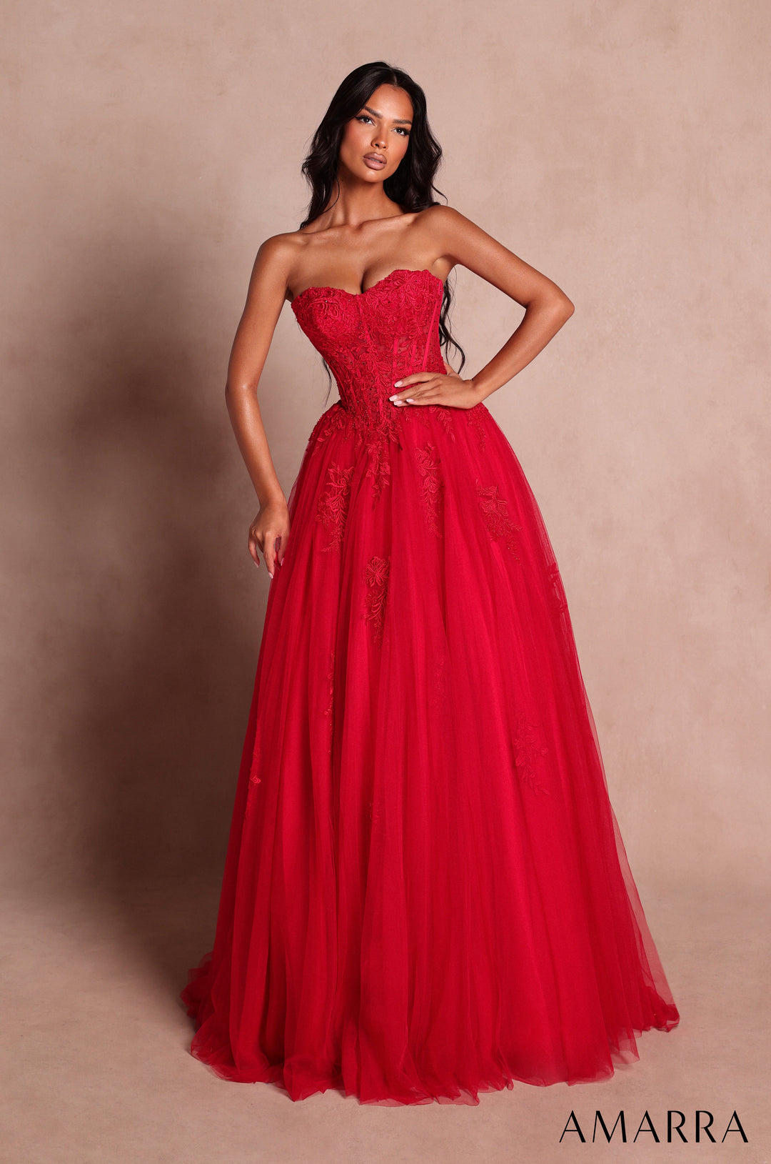 Amarra 89627 red beaded lace corset tulle ball gown - front view