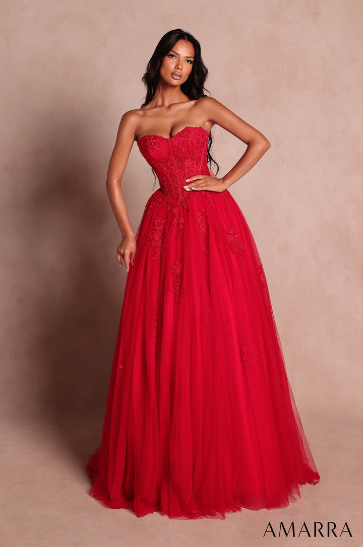 Amarra 89627 red beaded lace corset tulle ball gown - front view
