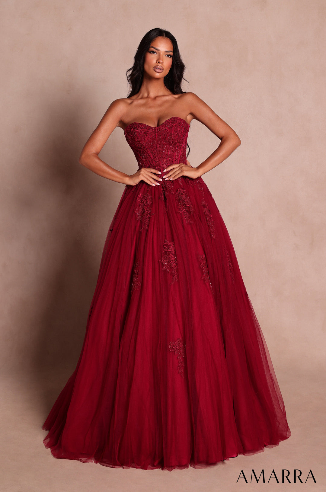 Amarra 89627 wine beaded lace corset tulle ball gown - front view