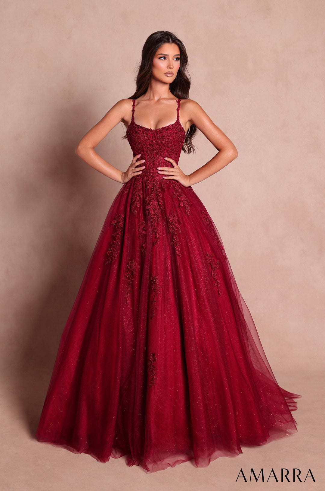 Amarra 89644 wine lace corset glitter tulle ball gown - front view