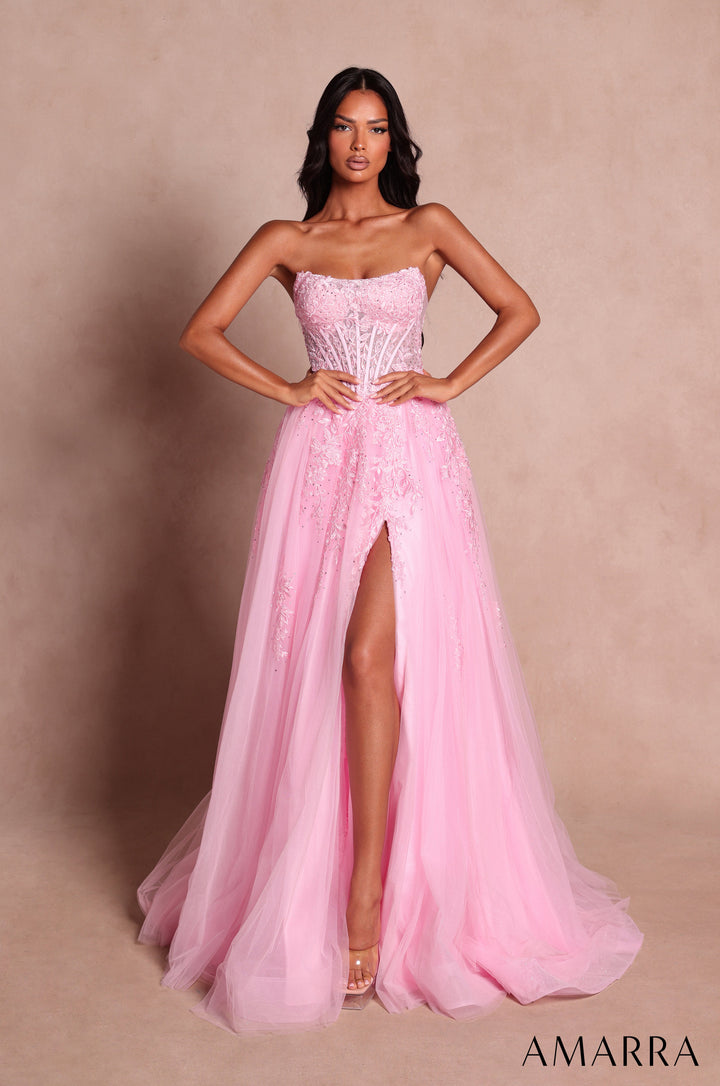 Amarra 89684 Light Pink floral lace corset tulle A-line gown with high slit, front view
