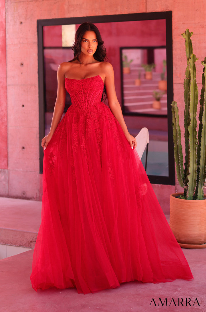 Amarra 89684 Red floral lace corset tulle A-line gown with high slit, front view
