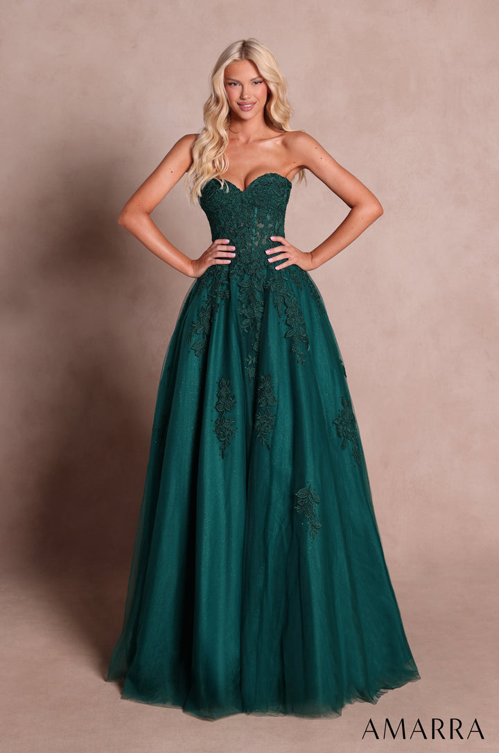 Amarra 89688 Emerald floral lace strapless corset glitter tulle ball gown, front view