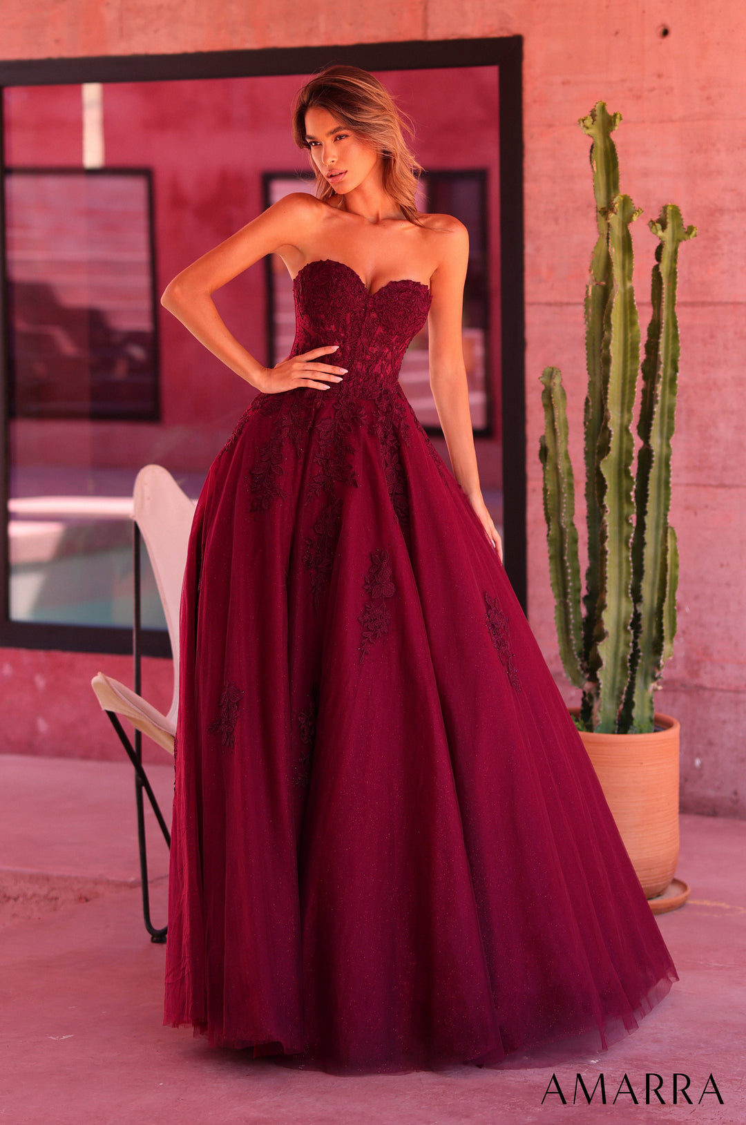 Amarra 89688 Plum floral lace strapless corset glitter tulle ball gown, front view