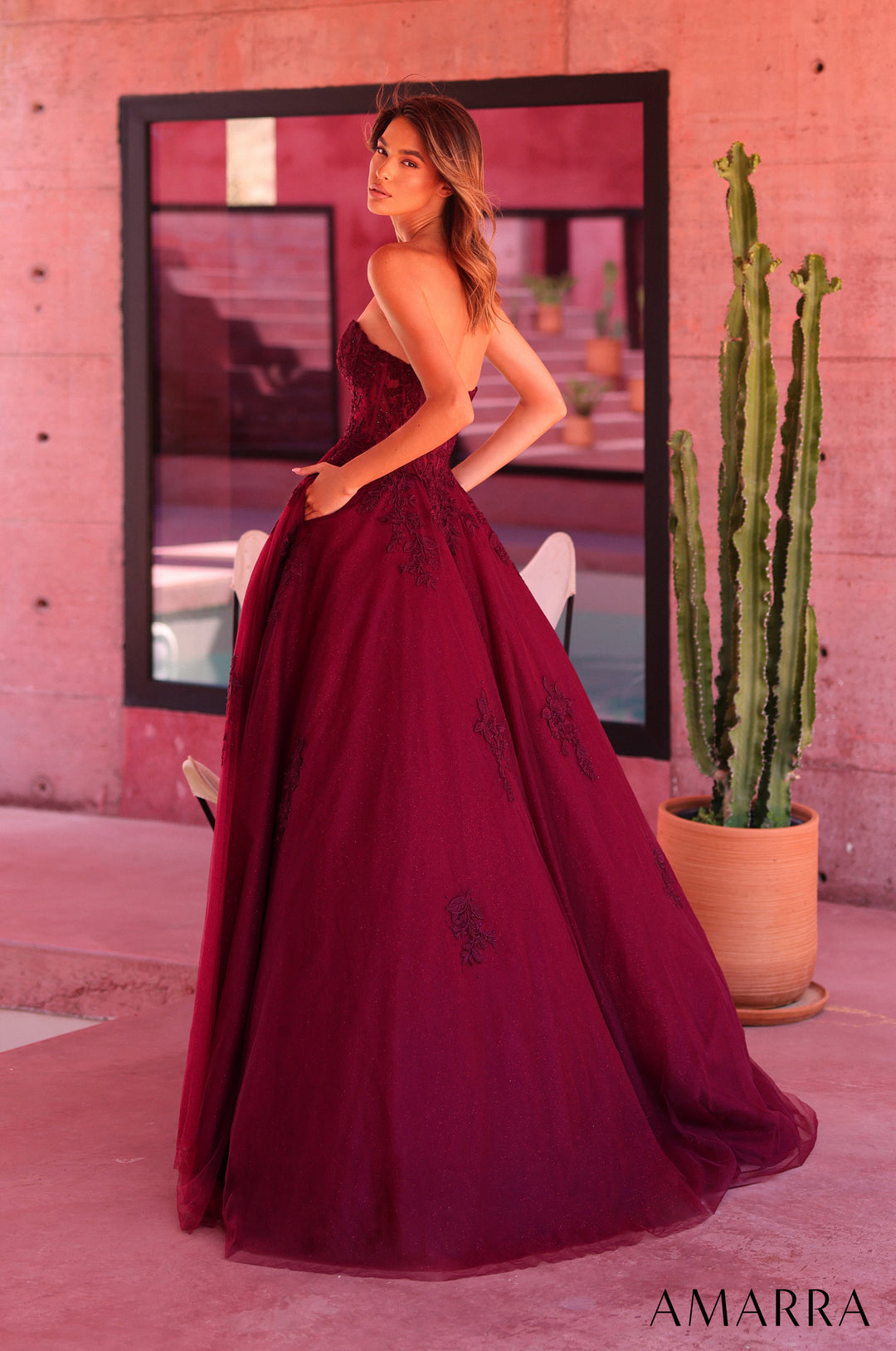 Amarra 89688 Plum floral lace strapless corset glitter tulle ball gown, side back view