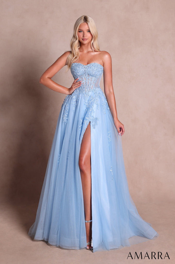 Amarra 89689 Light Blue floral lace strapless corset tulle A-line gown with high slit, front view