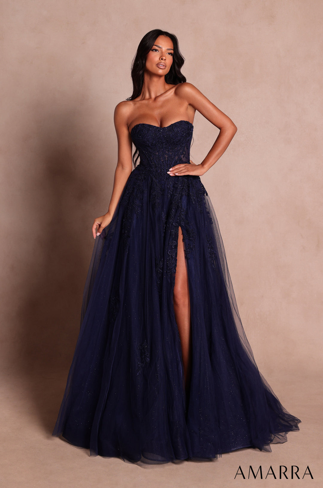 Amarra 89689 Navy floral lace strapless corset tulle A-line gown with high slit, front view
