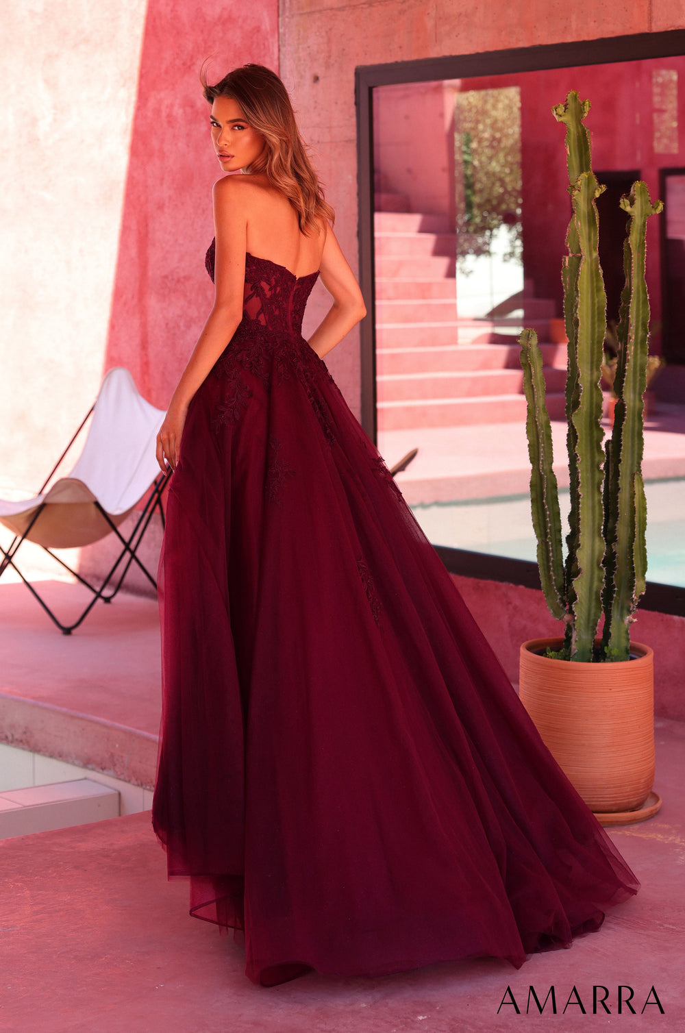 Amarra 89689 Plum floral lace strapless corset tulle A-line gown, back view
