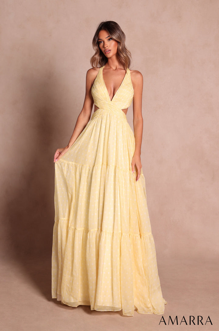 Amarra 89730 Light Yellow polka dot chiffon halter tiered gown, front view