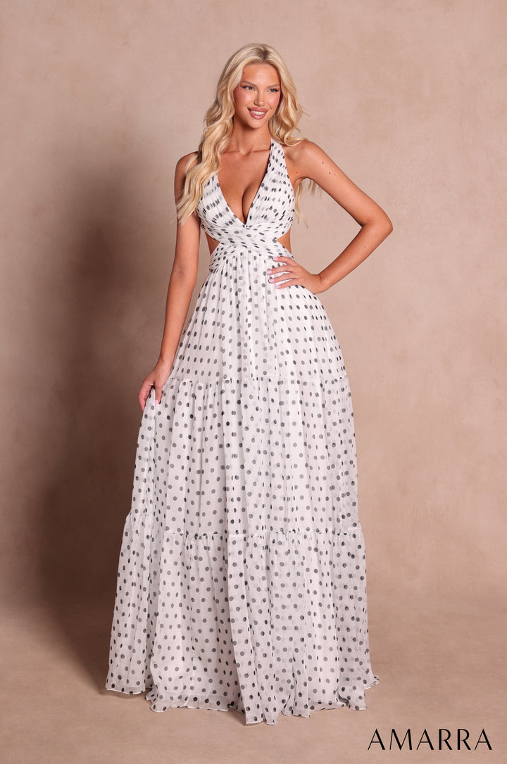 Amarra 89730 White and Black polka dot chiffon halter tiered gown, front view