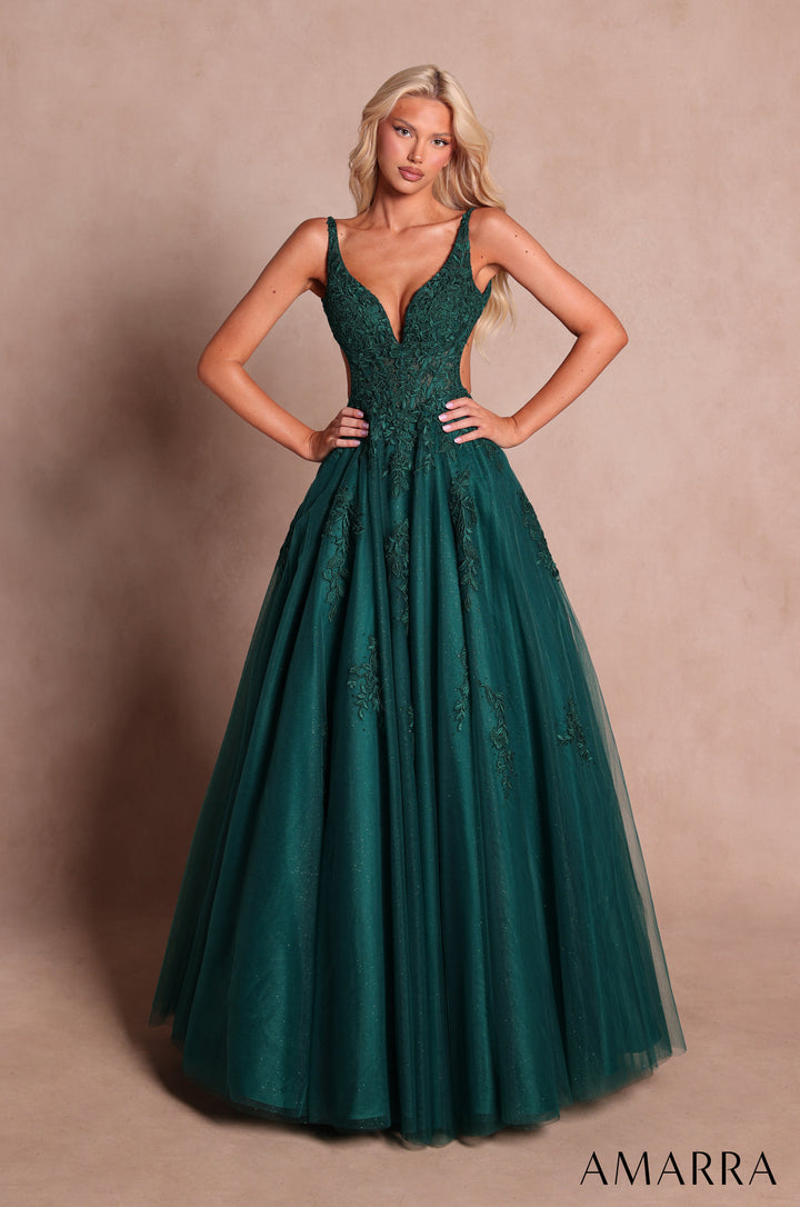 Amarra 89786 emerald floral lace glitter tulle ball gown with V-neck - front view