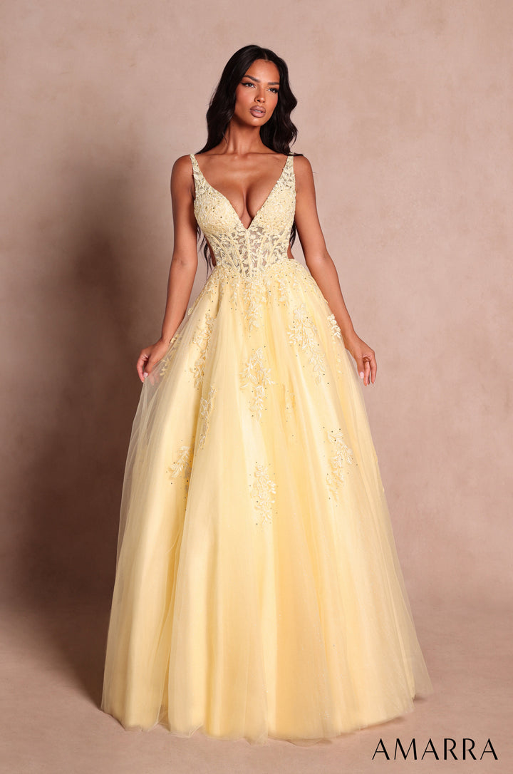 Amarra 89786 light yellow floral lace glitter tulle ball gown with V-neck - front view