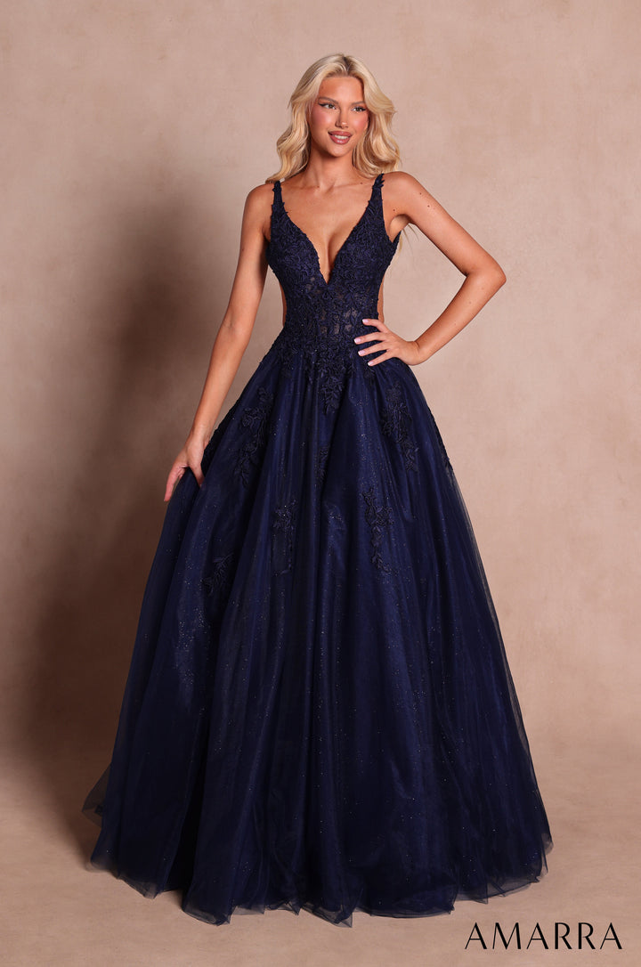 Amarra 89786 navy floral lace glitter tulle ball gown with V-neck - front view