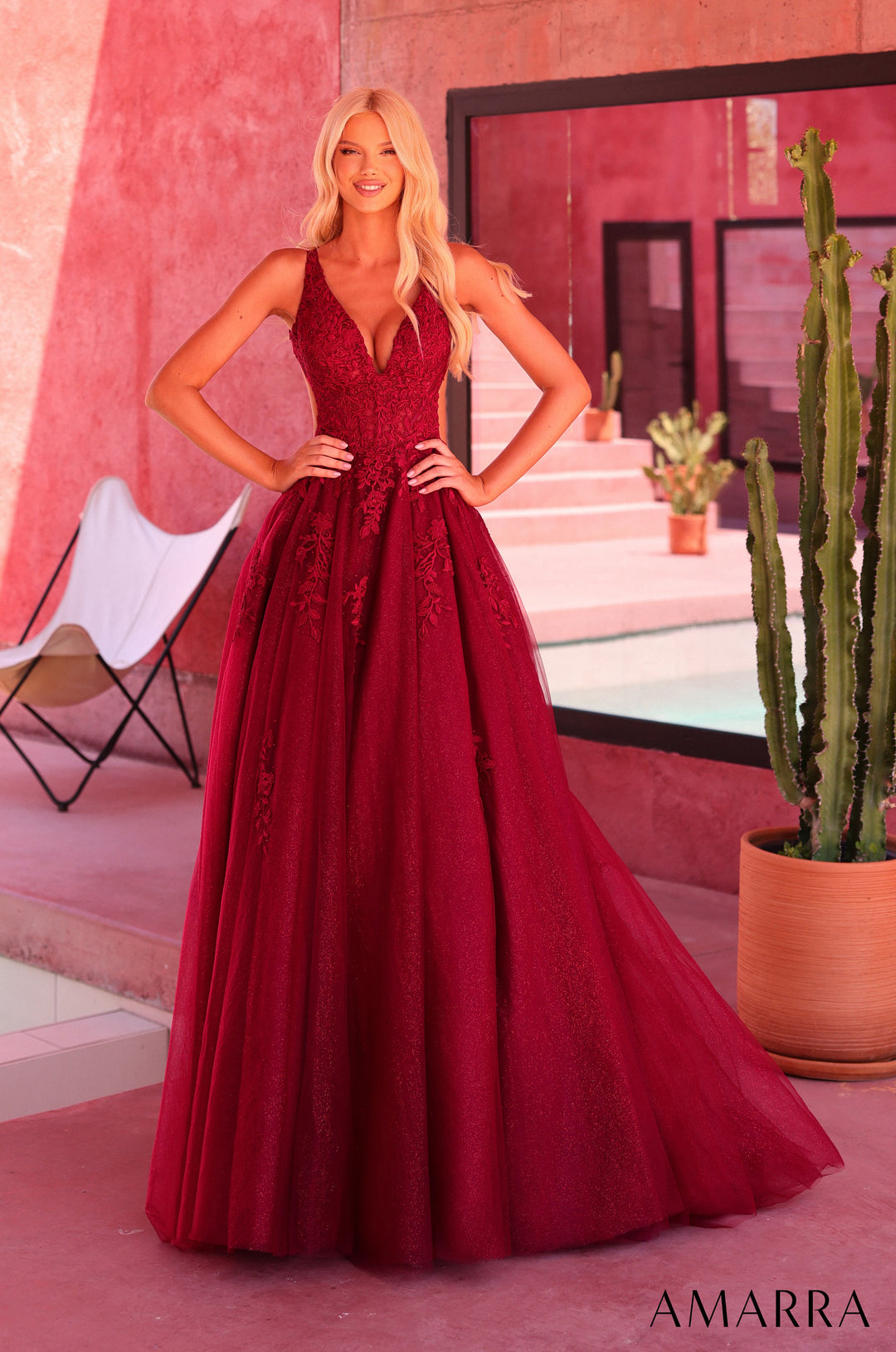 Amarra 89786 wine floral lace glitter tulle ball gown with V-neck - front view
