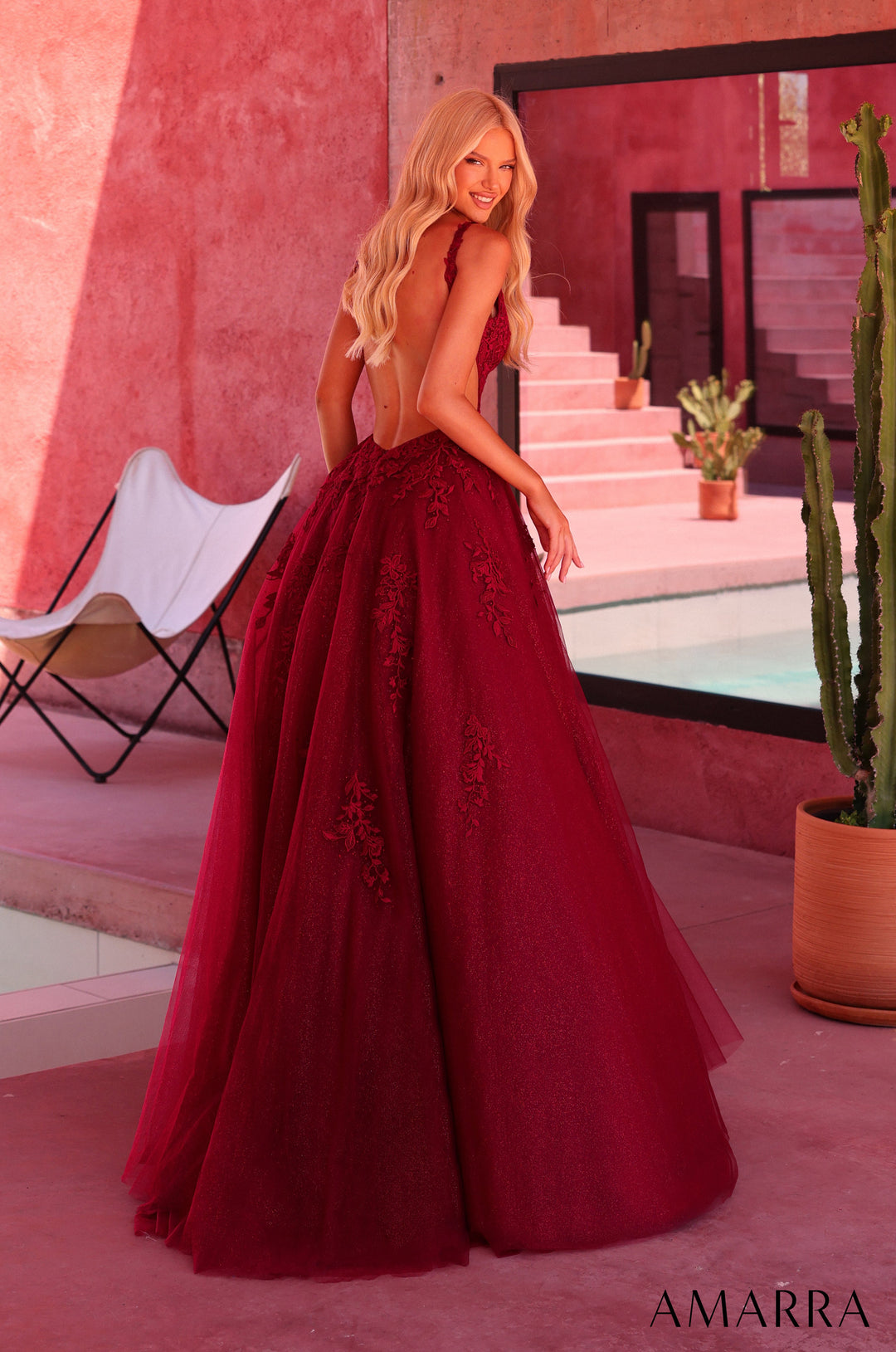 Amarra 89786 wine floral lace glitter tulle ball gown - back view with low open back