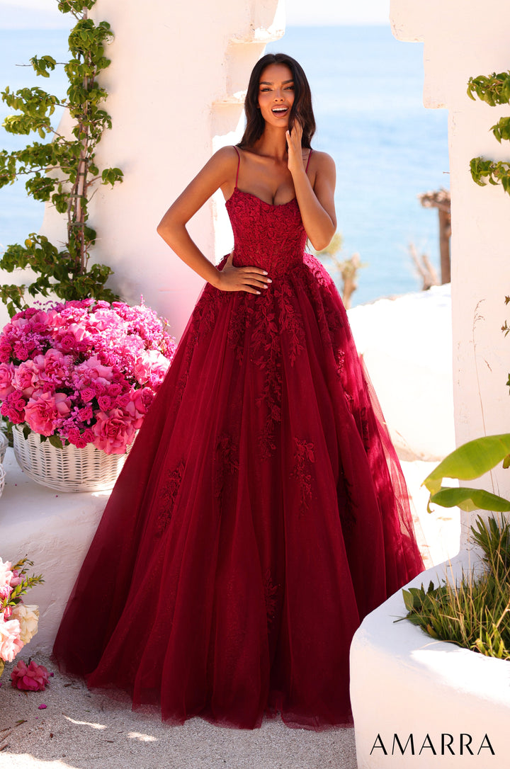 Amarra 89806 wine floral lace corset glitter tulle ball gown - front view