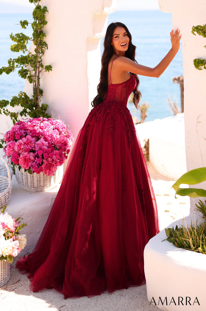 Amarra 89806 wine floral lace corset glitter tulle ball gown - back view with lace-up corset back