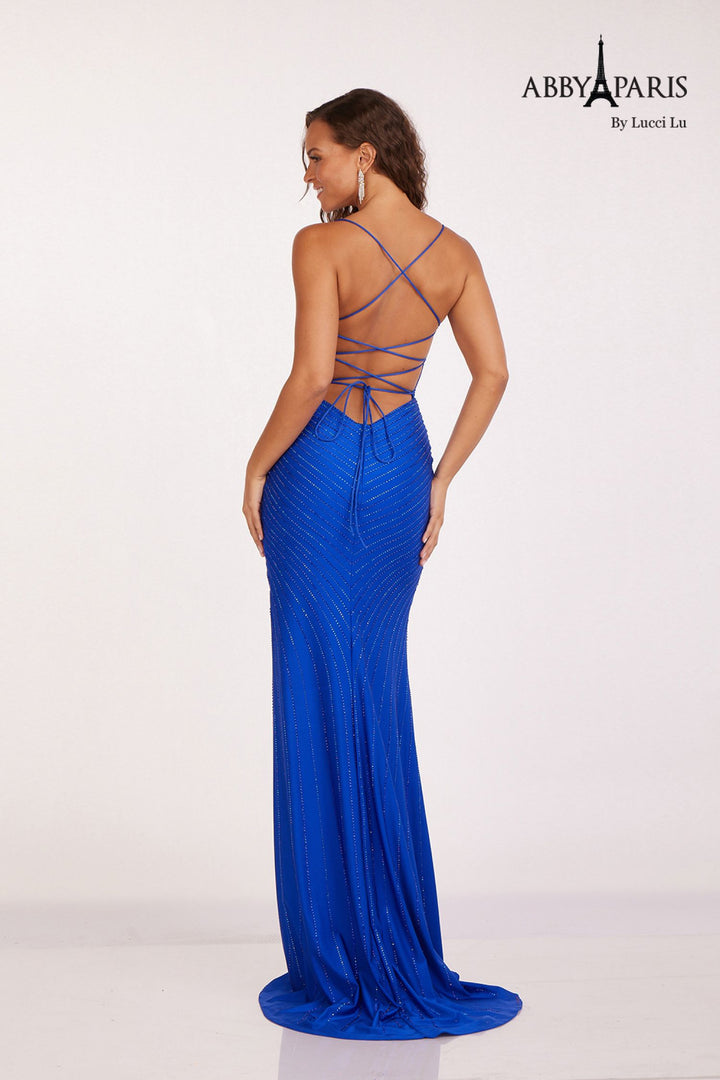 Abby Paris 90201 Spaghetti Strap Beaded Sheath Gown with High Slit and Lace-Up Back
