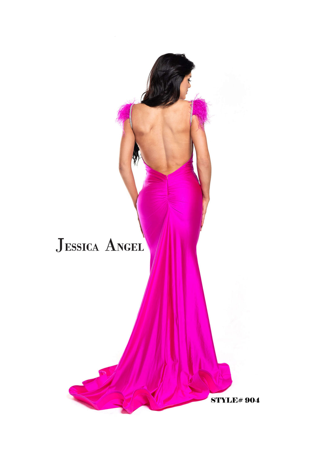 Jessica Angel 904 feather shoulder jersey mermaid gown back view