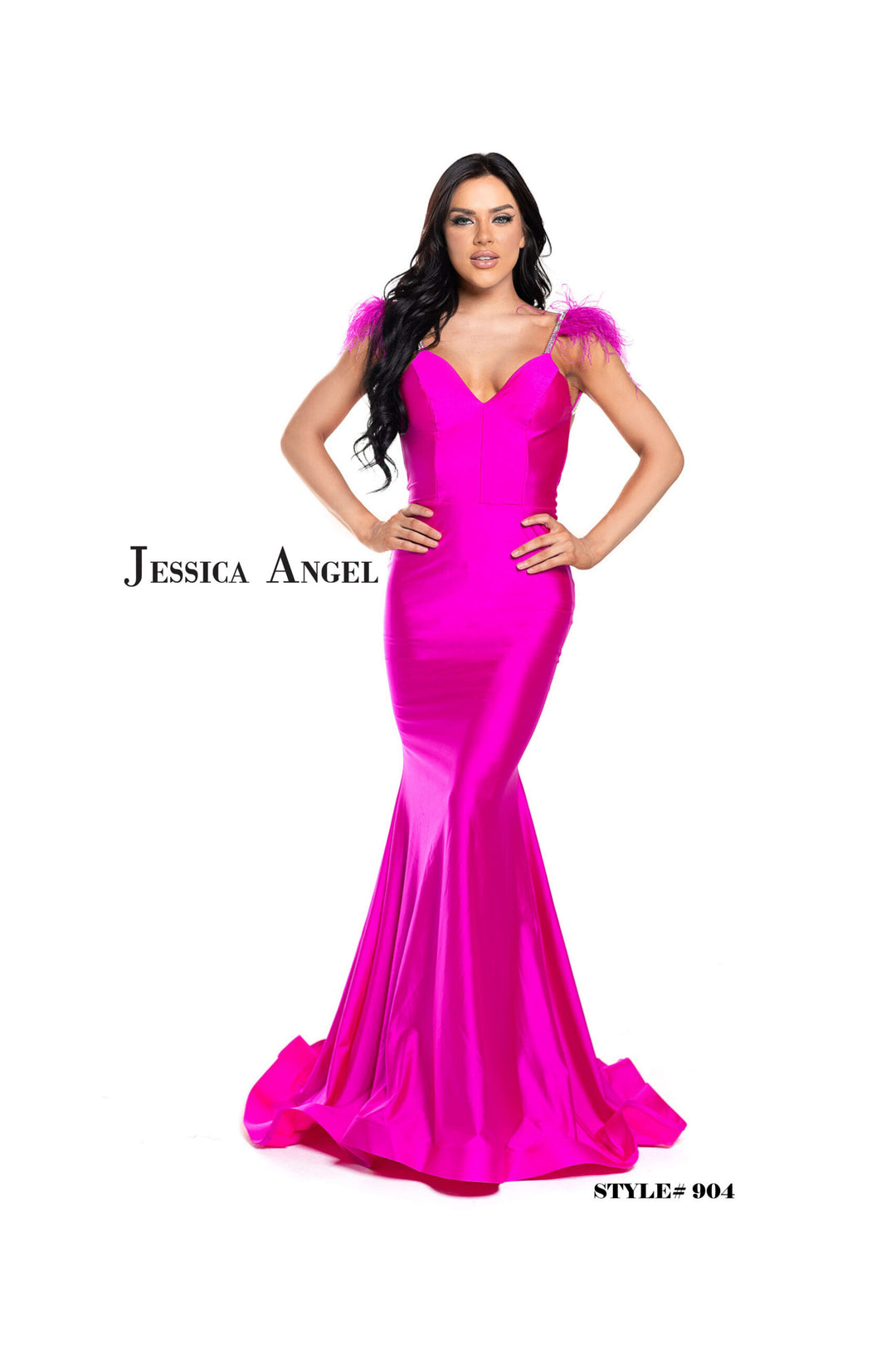 Jessica Angel 904 feather shoulder jersey mermaid gown front view