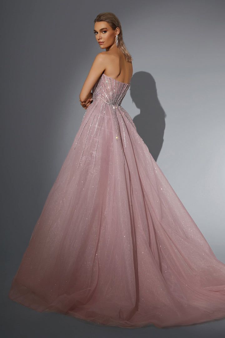 Delilah HM406 Strapless Sweetheart Beaded Column Gown with Sparkle Overskirt and Slit - Pink back view