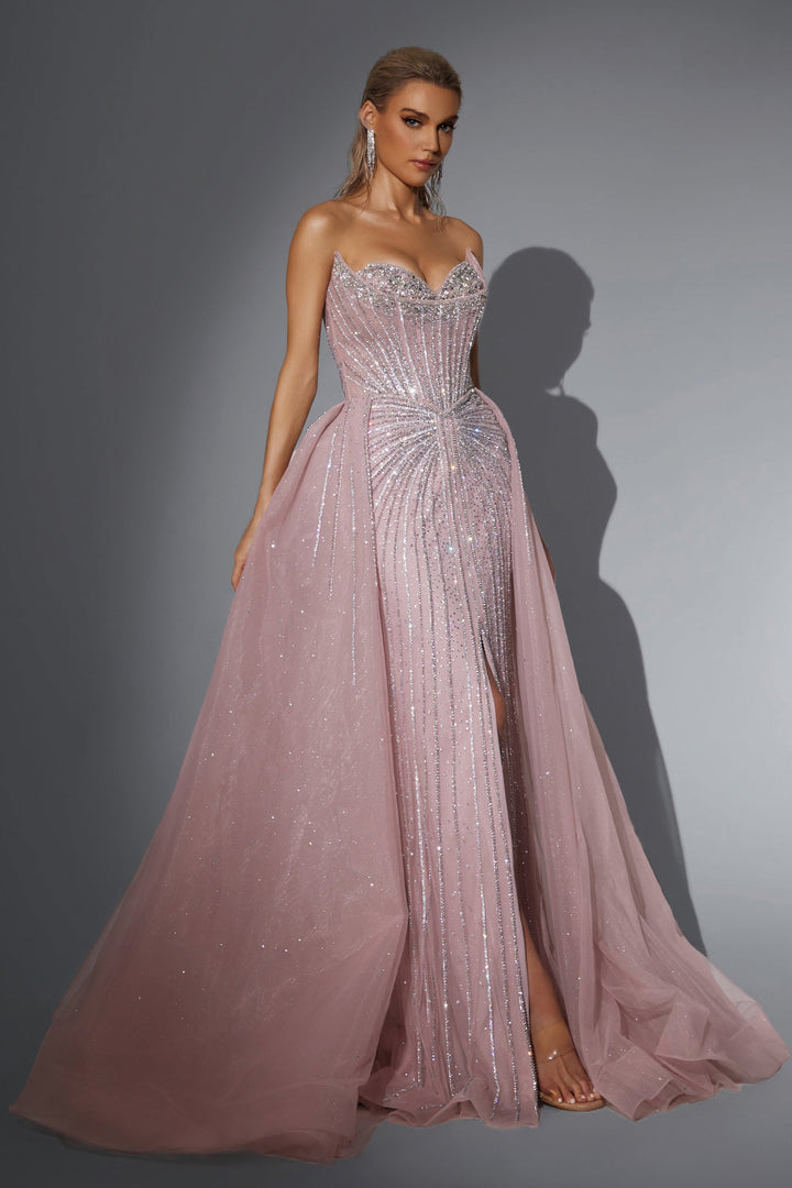 Delilah HM406 Strapless Sweetheart Beaded Column Gown with Sparkle Overskirt and Slit - Pink front view