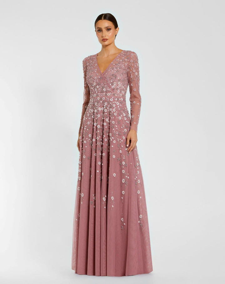 Mac Duggal 9131 Purple Embellished Wrap Over Illusion Long Sleeve A Line Gown