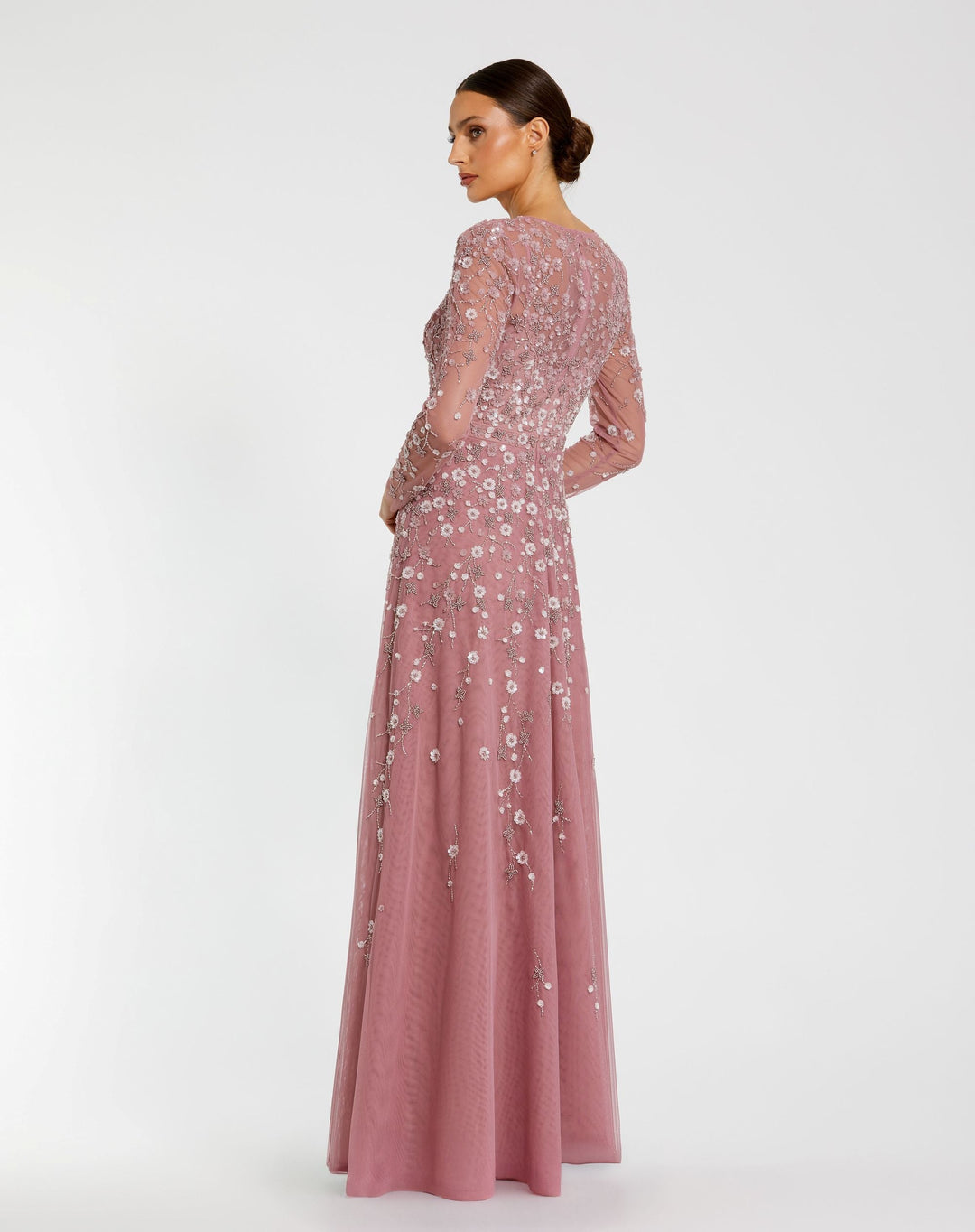 Mac Duggal 9131 Purple Embellished Wrap Over Illusion Long Sleeve A Line Gown